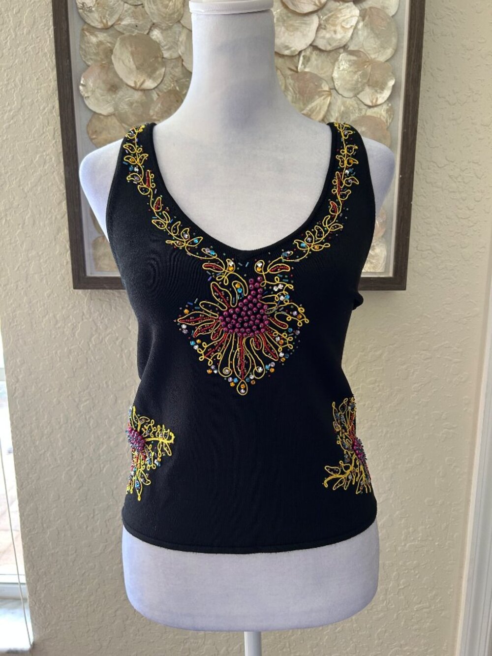 Cache Black Beaded Racerback Knit Top